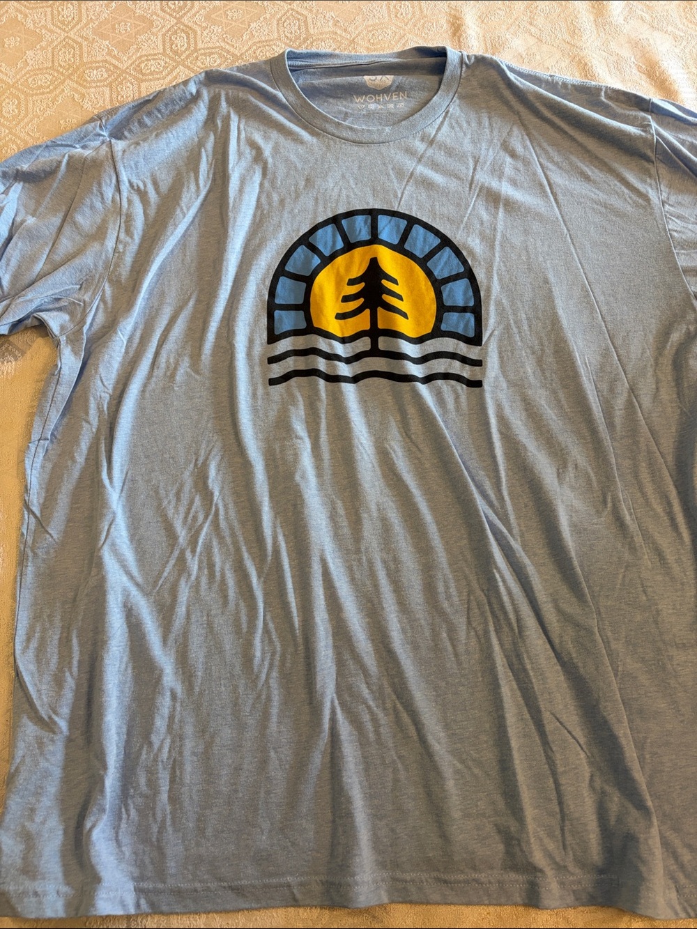 Men's Light Blue Graphic Tee with Yellow Sunset Tree -